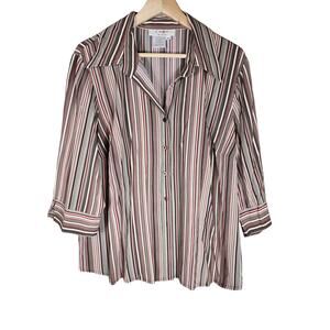 COMO WOMAN Peach Black White Striped Long Sleeve Button Down Blouse SZ 1X
